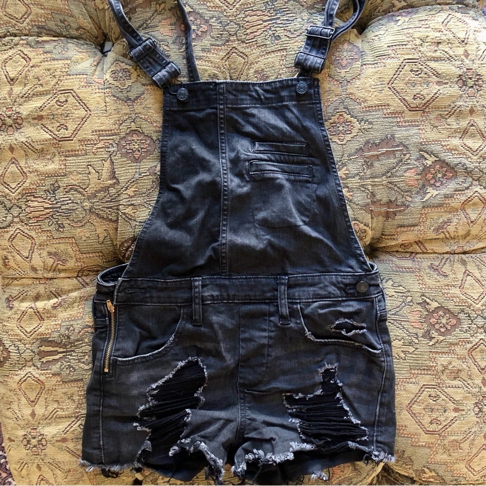 Express Washed Black Short Overalls Ripped Destroyed Denim Size 0